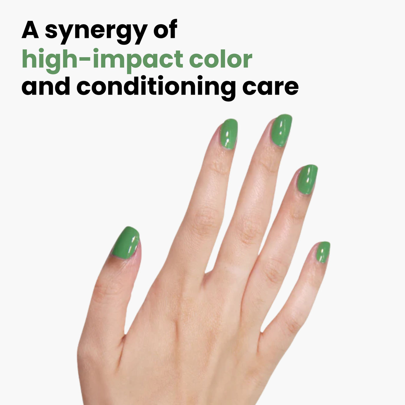 A hand with nails painted in LONDONTOWN's Secret Garden Posh grassy green is shown against a white background, accompanied by the text: "A synergy of high-impact color and conditioning care.