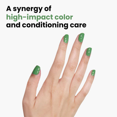 A hand with nails painted in LONDONTOWN's Secret Garden Posh grassy green is shown against a white background, accompanied by the text: "A synergy of high-impact color and conditioning care.