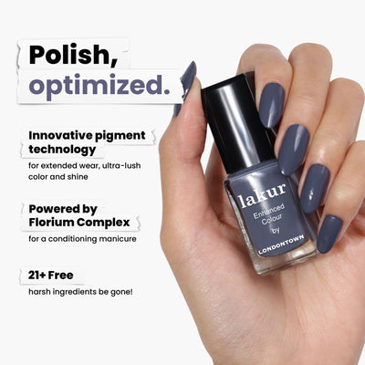 A cashmere-gray manicure displays a LONDONTOWN Secret to Happiness Lakur nail polish, featuring innovative pigment technology powered by Florium Complex and boasting 21+ free ingredients.