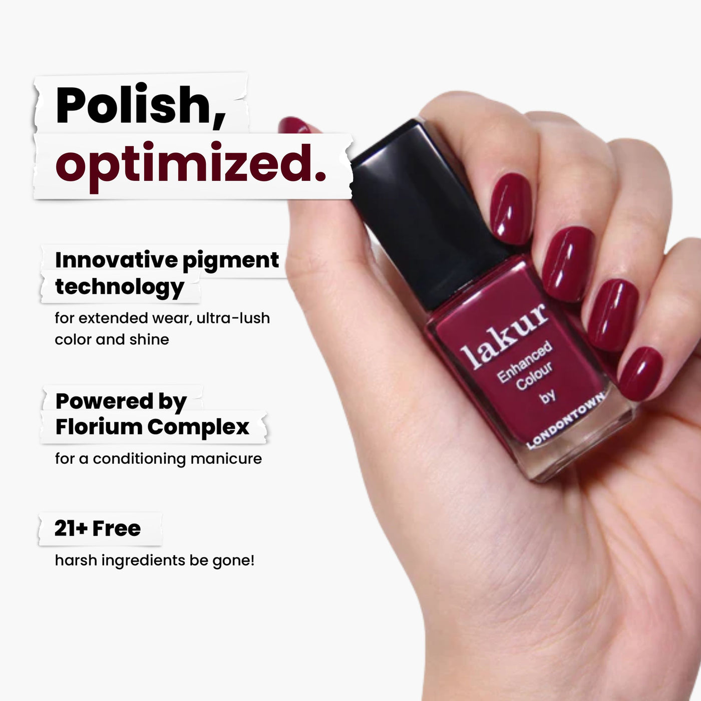 A hand with red nail polish holds a bottle of dark red LONDONTOWN's Guarded Jewel nail polish. The text highlights its pigment technology, Florium Complex, and vegan, cruelty-free formula free from 21+ harsh ingredients.