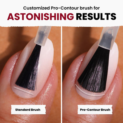 Explore how LONDONTOWN's Ring Me enhances a side-by-side comparison of the Standard Brush and Pro-Contour Brush on nails; the latter ensures a precise, flawless red crème finish. Ideal for use with our cruelty-free nail polish.