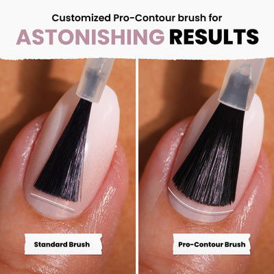 Comparison of using a standard brush versus the pro-contour brush with Bell Flower nail polish by LONDONTOWN, showcasing a romantic dusty pink with the pro-contour's precise, even coverage, reminiscent of an English countryside fairytale.