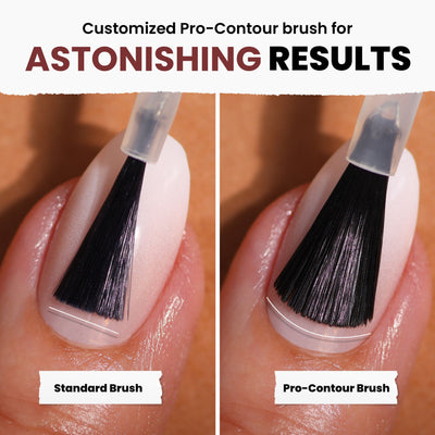 Close-up comparison of a nail with a standard brush versus LONDONTOWN's Pro-Contour brush using "Cockney Glam" nail polish. The right side, coated in red-toned metallic crème, highlights an enhanced finish with the Pro-Contour brush.