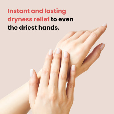 Two hands with well-manicured nails, one gently touching the back of the other, with text above them reading, "Instant and lasting dryness relief for even the driest hands. Discover the restorative power of LONDONTOWN's Moisture Renew Hand Serum.