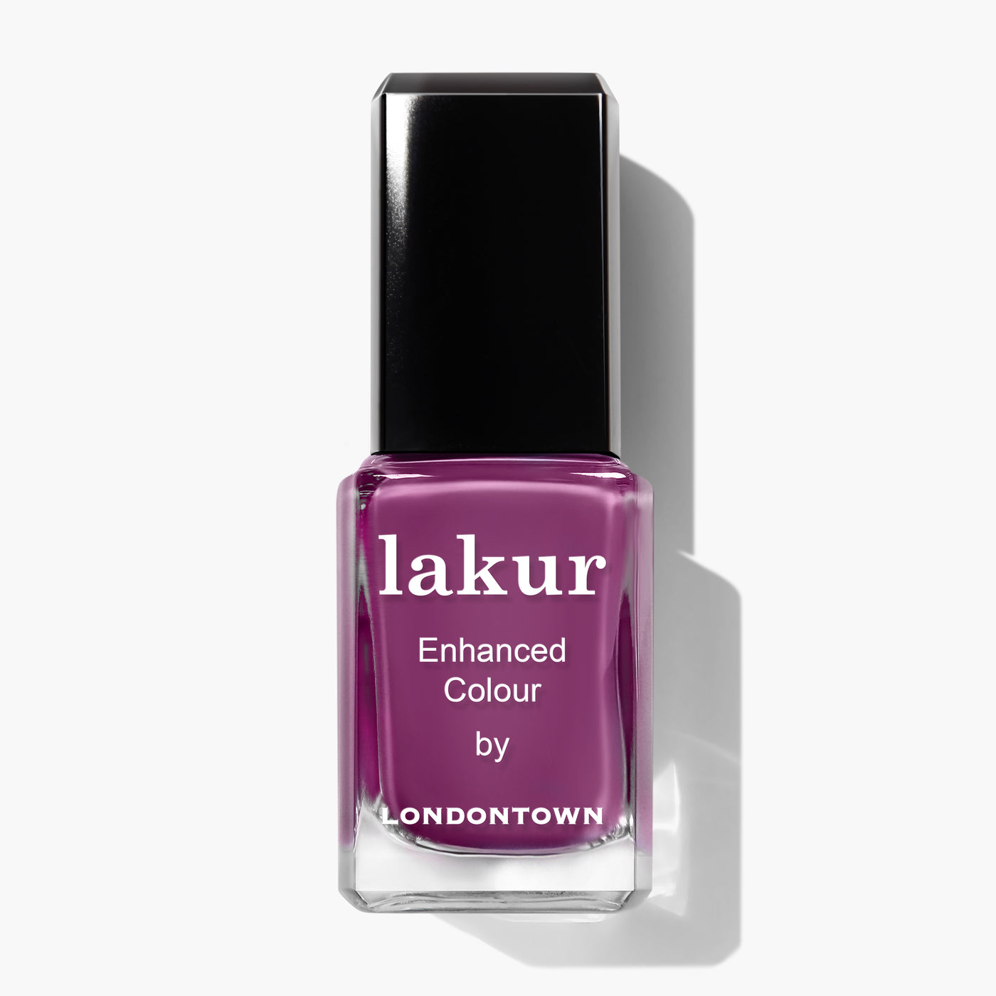 A bottle of LONDONTOWN Violet Hibiscus (Professional) nail polish in a rich mauve, infused with deep ultraviolet hues, on a white background.