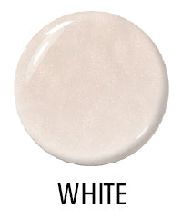 A circular, glossy white swatch with subtle shimmering details. Below, the word "WHITE" is displayed in bold, black letters.