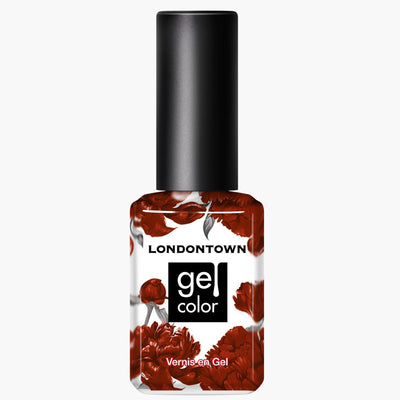 A bottle of LONDONTOWN's "You Autumn Know" nail polish, adorned with a red floral design on the label, features a rich umber hue beneath its sleek black cap.