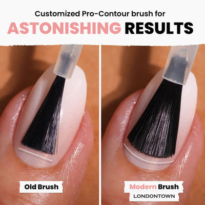 Comparing two LONDONTOWN nail brushes: an old one on the left and the right featuring the modern Petals & Pearls Set, each applying nail polish in soft hues. Text highlights "astonishing results" and celebrates everyday beauty.