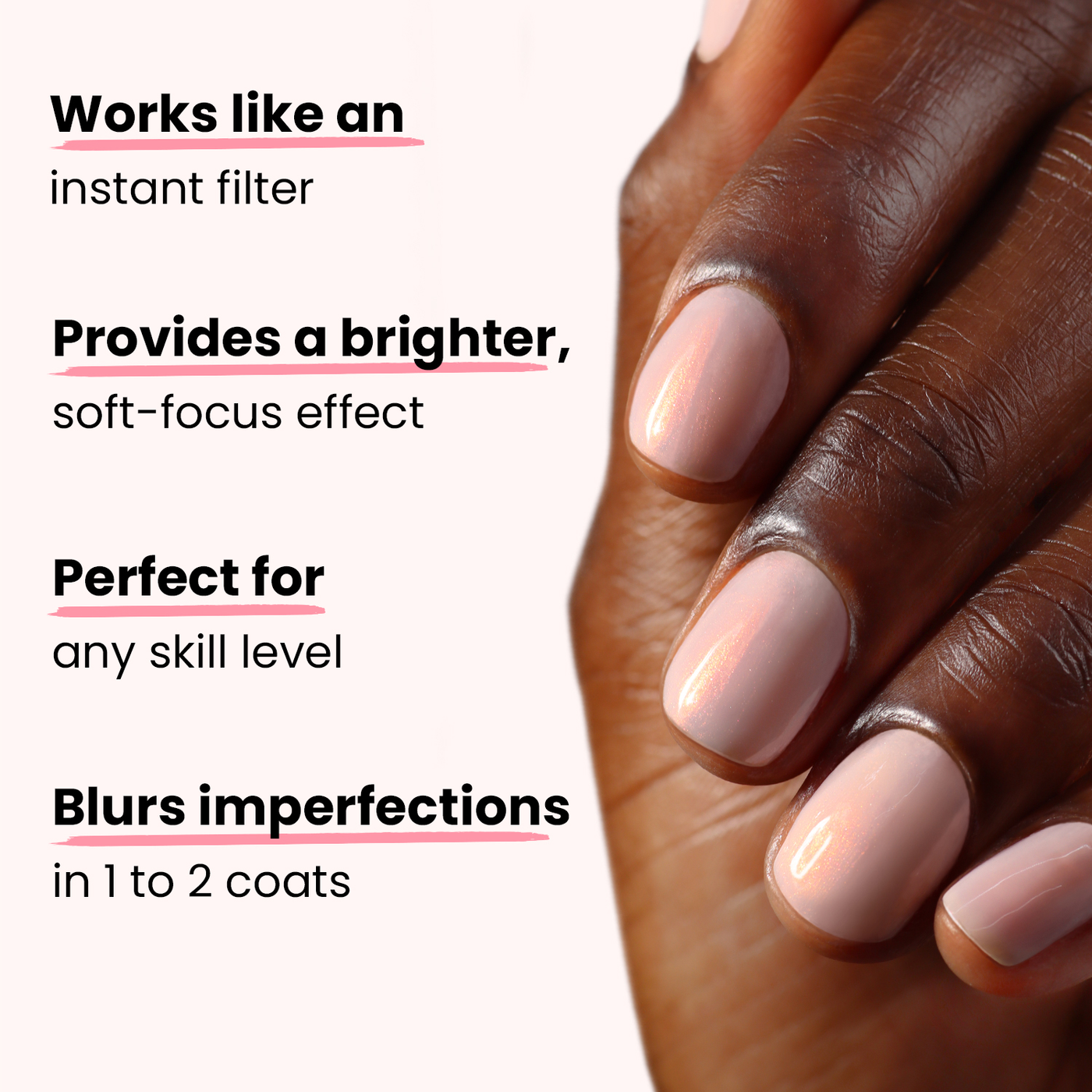 A hand with manicured nails painted in a bubblegum pink shade using LONDONTOWN's Bubble Illuminating Nail Concealer. Text on the left highlights benefits: "Works like an instant filter," "Provides a brighter, soft-focus effect," "Perfect for any skill level," "Blurs imperfections." Ideal for anyone seeking their new favorite nail look.