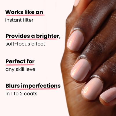 A hand with manicured nails painted in a bubblegum pink shade using LONDONTOWN's Bubble Illuminating Nail Concealer. Text on the left highlights benefits: "Works like an instant filter," "Provides a brighter, soft-focus effect," "Perfect for any skill level," "Blurs imperfections." Ideal for anyone seeking their new favorite nail look.
