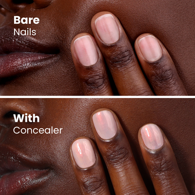 Close-up image of a hand showing the difference between bare nails and nails with LONDONTOWN's Bubble Illuminating Nail Concealer applied, highlighting the improvement in gloss and smoothness. The bubblegum pink shade makes it an instant favorite nail look.
