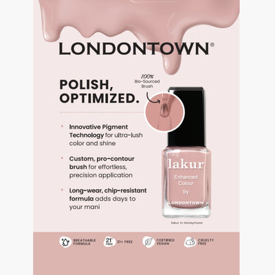 Advertisement for LONDONTOWN's Lakur Shelf Talker nail polish in Honeymoon shade featuring innovative pigment technology, a pro-contour brush, a breathable formula, and long-wear, chip-resistant benefits.