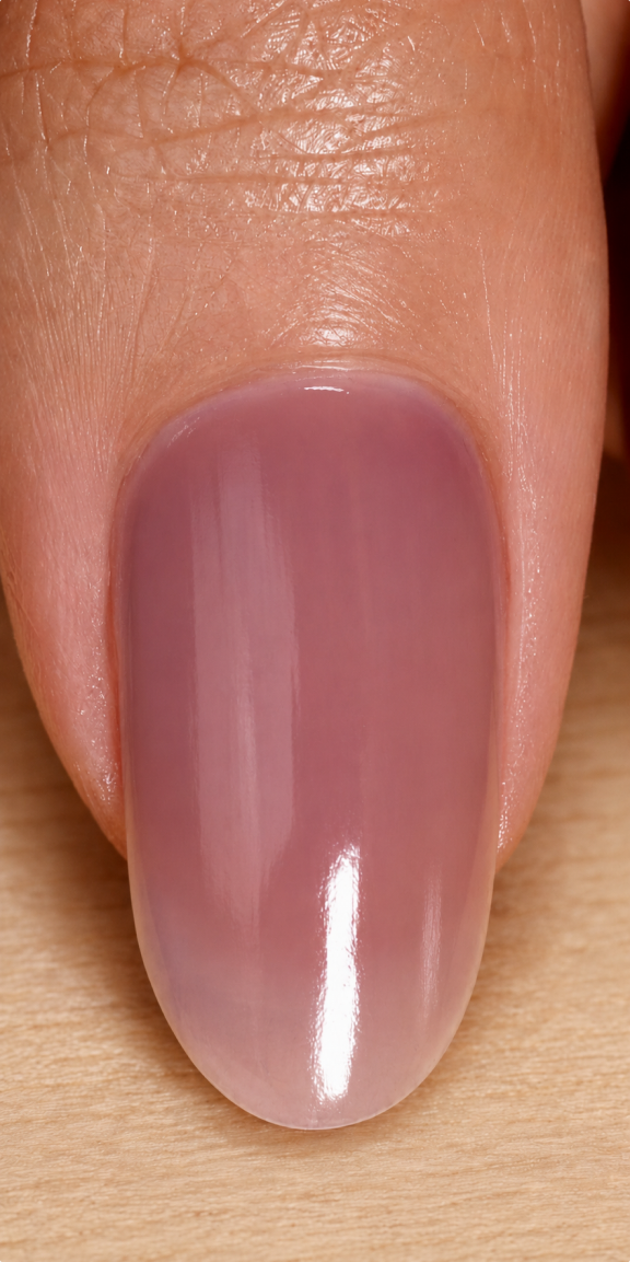 Close-up of a nail with a sheer dusky Fig tint