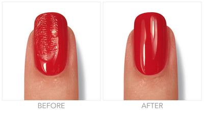 Close-up of a fingernail with a red, uneven surface labeled "BEFORE," and a smoothly polished red nail labeled "AFTER," thanks to our Instant Smudge Fix (Professional). Our LONDONTOWN nail polish repair solution is vegan and cruelty-free.