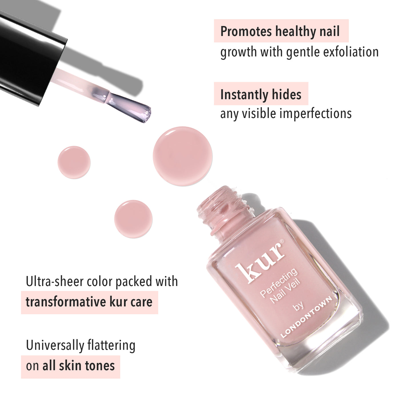 An open bottle of LONDONTOWN's Perfecting Nail Veil #4 with drops around it. Text describing the power-packed benefits and features of the product surrounds the bottle, offering not just a hint of color but also essential nail care.