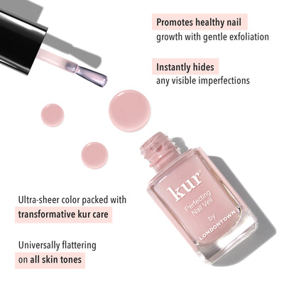 An open bottle of LONDONTOWN's Perfecting Nail Veil #4 with drops around it. Text describing the power-packed benefits and features of the product surrounds the bottle, offering not just a hint of color but also essential nail care.