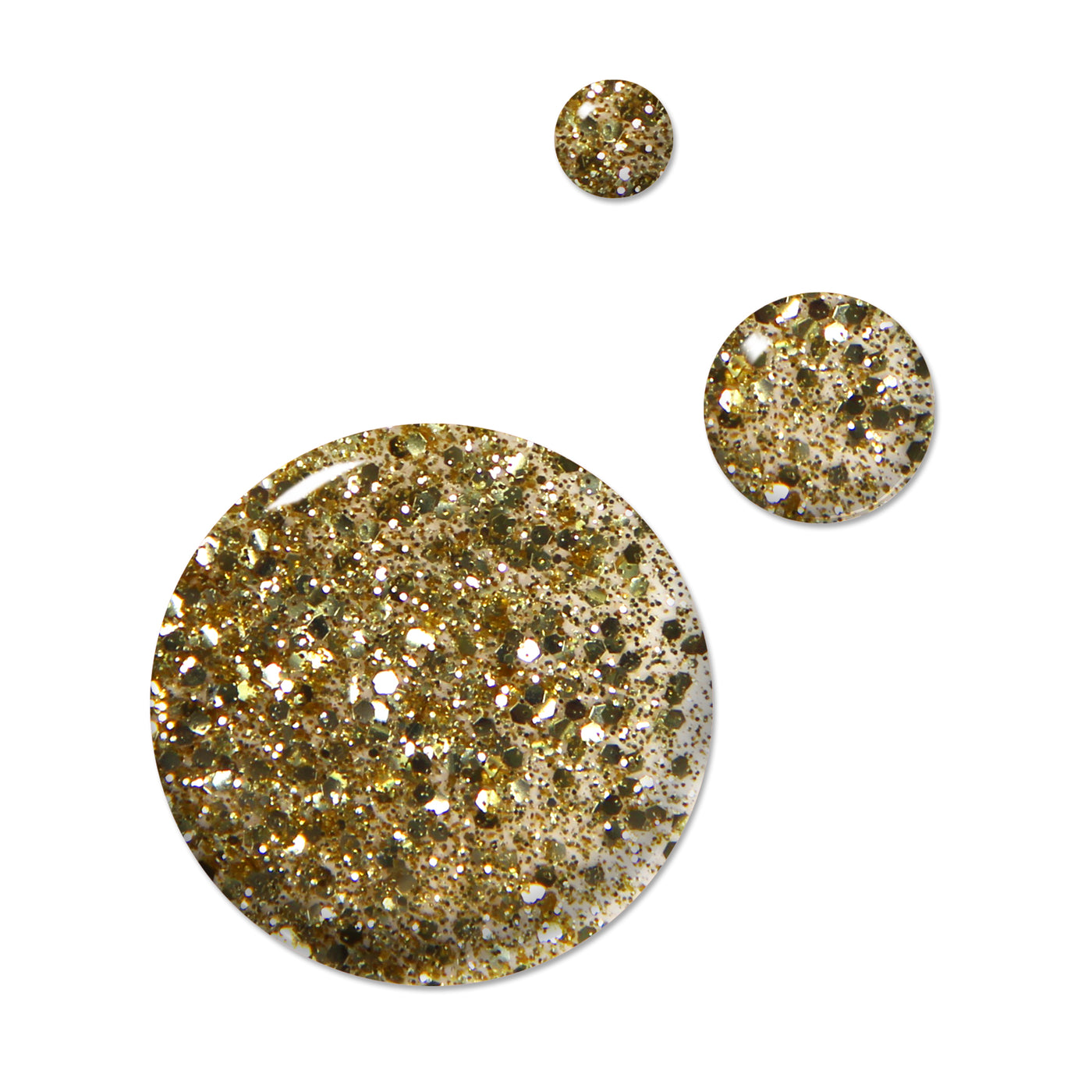 Three circular swatches of Britannia gold glitter nail polish by LONDONTOWN, featuring a transparent base against a white background and showcasing varying sizes of glitter particles.