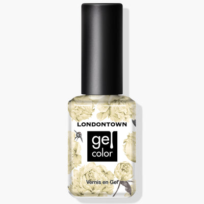 A bottle of LONDONTOWN UV/LED Gel Color nail polish named Buttercup, showcasing a pastel yellow creme with a floral pattern on the label and a black cap. This vegan polish adds a subtle, elegant touch to your manicure.