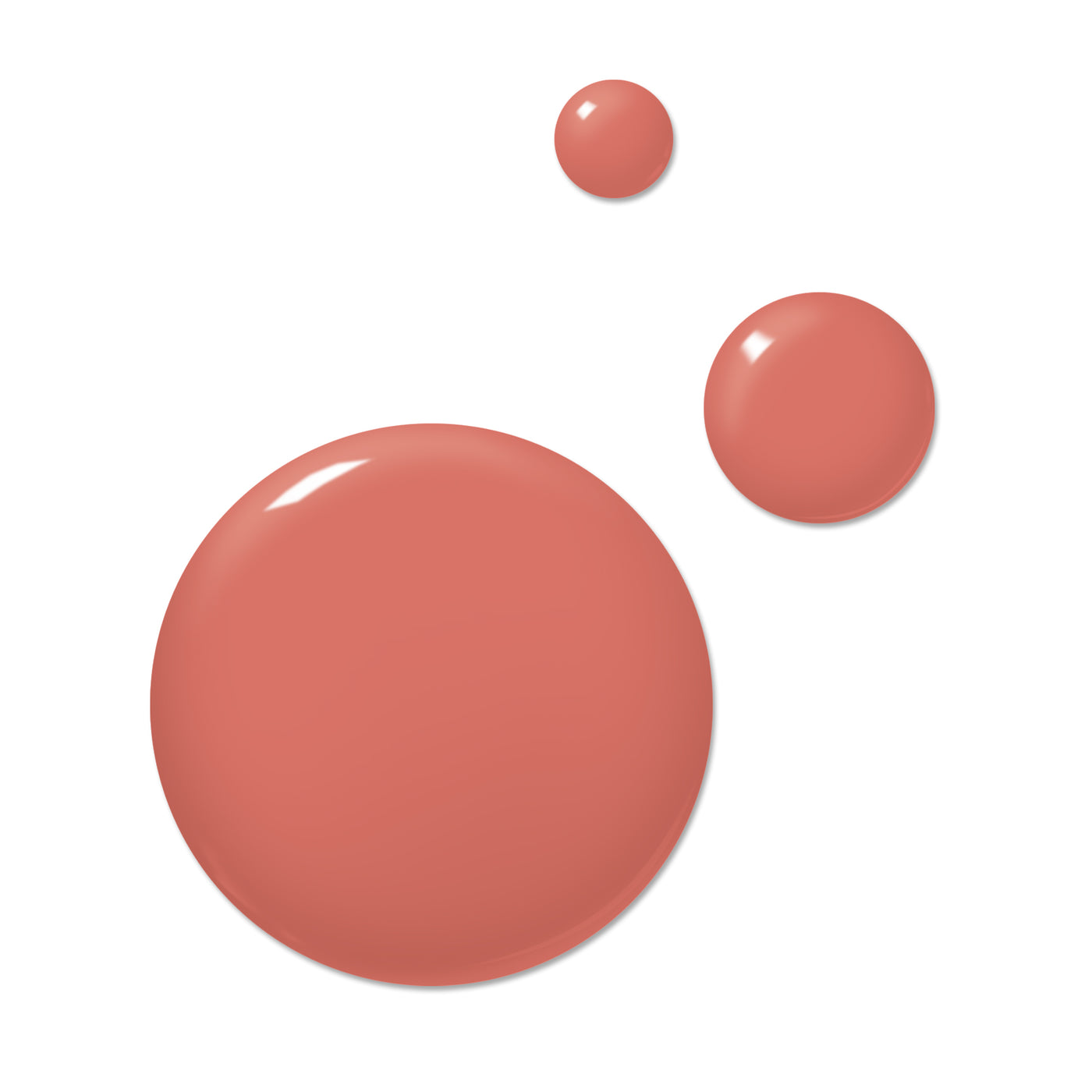 Three circular drops of luxurious Cactus Coral liquid from LONDONTOWN on a white background. The largest drop is at the bottom left, while the two smaller ones are positioned above and to the right. This vegan, cruelty-free nail polish exudes elegance in every drop.