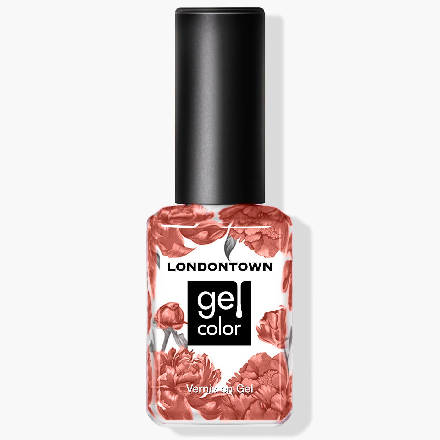 A bottle of LONDONTOWN gel color nail polish named Cactus Coral, featuring a black cap and a floral print label available in a lush dusty coral shade.