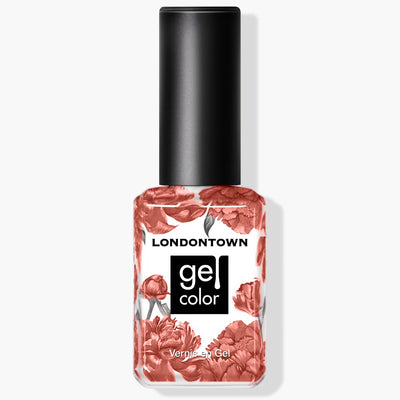 A bottle of LONDONTOWN gel color nail polish named Cactus Coral, featuring a black cap and a floral print label available in a lush dusty coral shade.