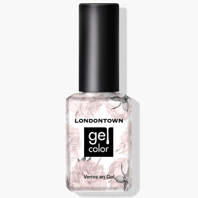 A bottle of LONDONTOWN Gel Color nail polish named Cheerio, featuring a black cap and floral design on the transparent glass container. The label reads "LONDONTOWN Gel Color Vernis en Gel." Perfect for a sheer neutral pink French manicure, it's also vegan and cruelty-free.