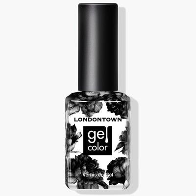 A bottle of LONDONTOWN Chim Cher-ee Gel Color nail polish, featuring a streak-free, jet black crème and a black floral design on a clear bottle with a black cap.