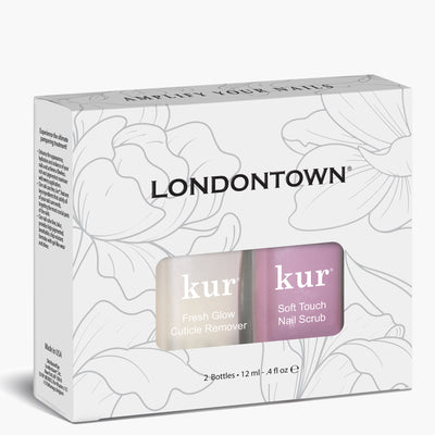 LONDONTOWN’s Clean Up Cuticles Set includes Fresh Glow Cuticle Remover and Soft Touch Nail Scrub in a tidy white floral box, with each bottle containing 12 ml.