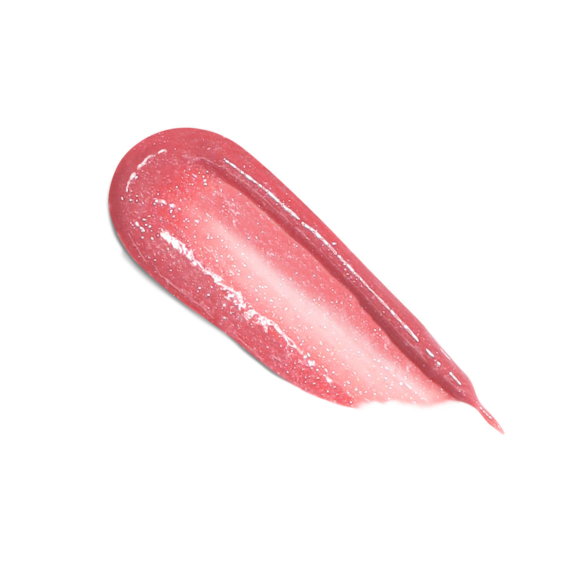 A swatch of LONDONTOWN's Plush Shine Lip Gloss in the shade "Dainty" showcases a glossy, slightly glittery texture with a smooth finish, enhanced by subtle hints of coral undertones.