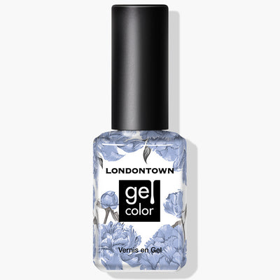 A bottle of LONDONTOWN's Dainty Daze gel color nail polish in a stunning periwinkle blue creme, featuring a black cap and floral design on the label, perfect for your next gel manicure.