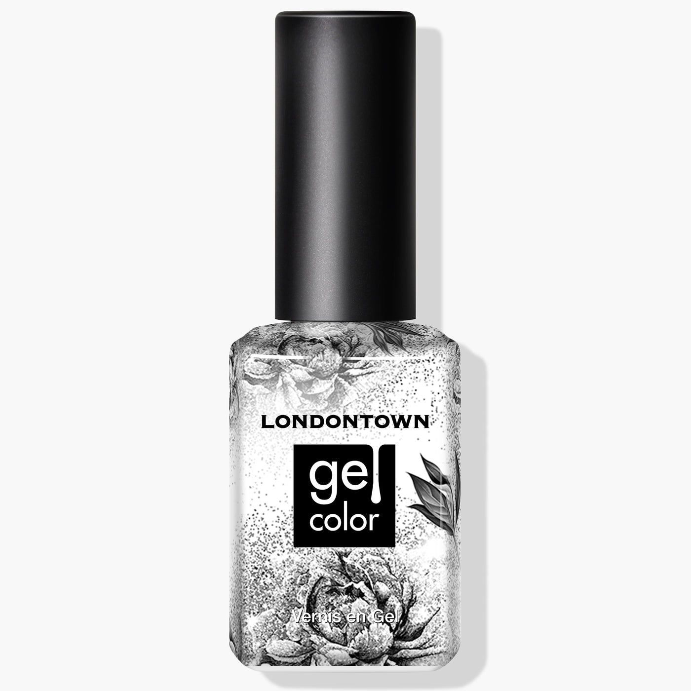 The LONDONTOWN Diamond Jubilee UV/LED Gel Color nail polish features a clear bottle accented with a monochrome floral design and topped with a black cap. Inside, it contains dazzling silver glitter. This vegan and cruelty-free, non-solvent formula is perfect for achieving a stunning, guilt-free manicure.