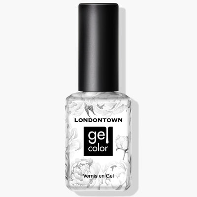 A bottle of LONDONTOWN Doilies Gel Color nail polish with floral patterns on a sheer white background, perfect for a gel manicure under UV/LED light.