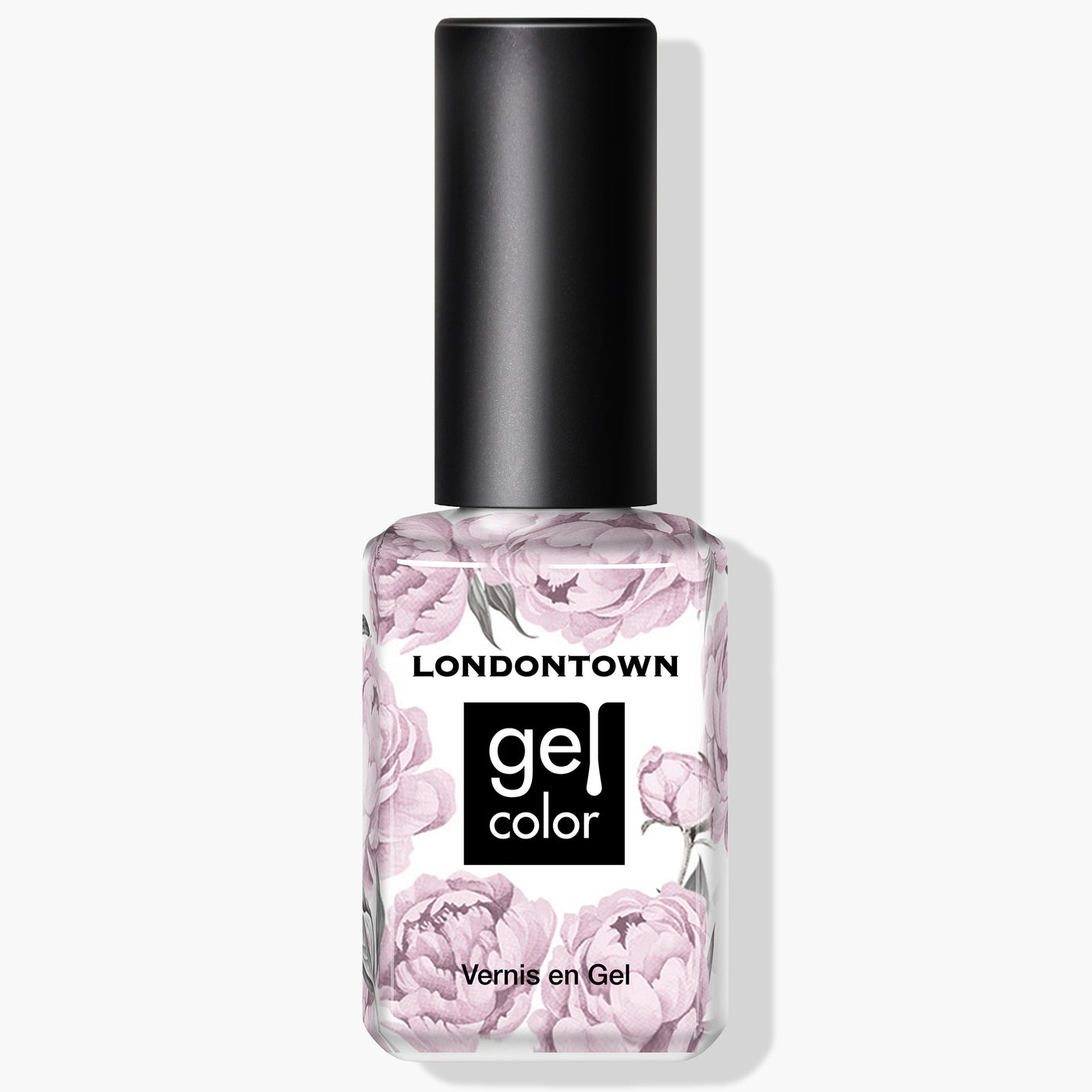 A bottle of LONDONTOWN Fairy Charming Gel Color nail polish with a super pigmented formula, featuring a floral design on the label and a black cap.