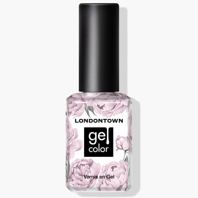 A bottle of LONDONTOWN Fairy Charming Gel Color nail polish with a super pigmented formula, featuring a floral design on the label and a black cap.