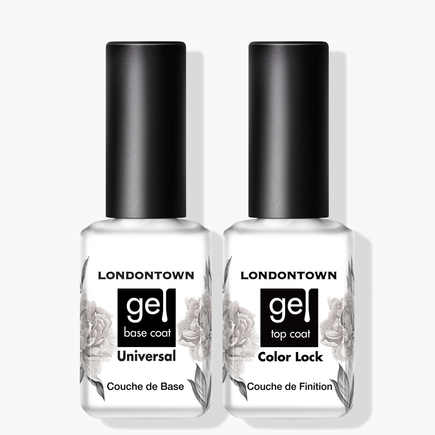 Two bottles of LONDONTOWN's Gel Essentials: "Universal Base Coat" on the left and "Color Lock Top Coat" on the right, both featuring black caps and floral designs on the labels. Perfectly compatible with UV/LED light for a flawless finish.