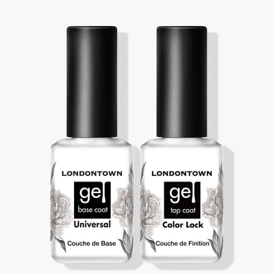 Two bottles of LONDONTOWN's Gel Essentials: "Universal Base Coat" on the left and "Color Lock Top Coat" on the right, both featuring black caps and floral designs on the labels. Perfectly compatible with UV/LED light for a flawless finish.