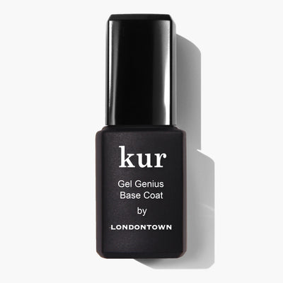 A black bottle of LONDONTOWN Gel Genius Base Coat nail polish is set against a white background, offering the benefits of a gel finish without causing any damage.