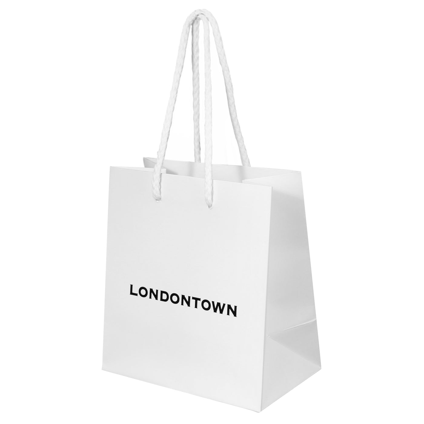Small Sales Bag with the "LONDONTOWN" brand name printed in black on one side, featuring thick white rope handles. (50 count)