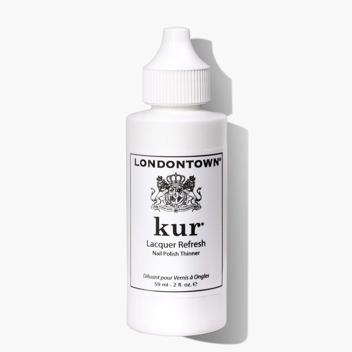 A white, 59 ml (2 fl. oz.) bottle of LONDONTOWN Lacquer Refresh Nail Polish Thinner with a white cap. Just a few drops bring your polish back to life, ensuring good-as-new polish every time.