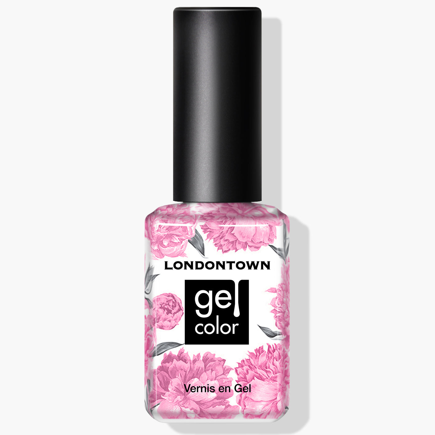 A bottle of LONDONTOWN Lemonade Pop gel color nail polish in refreshing muted pink, featuring a floral design on the label and a sleek black cap, suitable for UV/LED light curing.