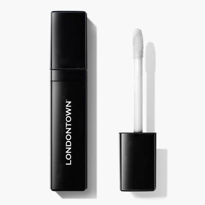 A black rectangular tube of LONDONTOWN's Volumizing Peptide Lip Serum, known for its super serum formula, is shown with its cap removed, revealing the applicator wand.