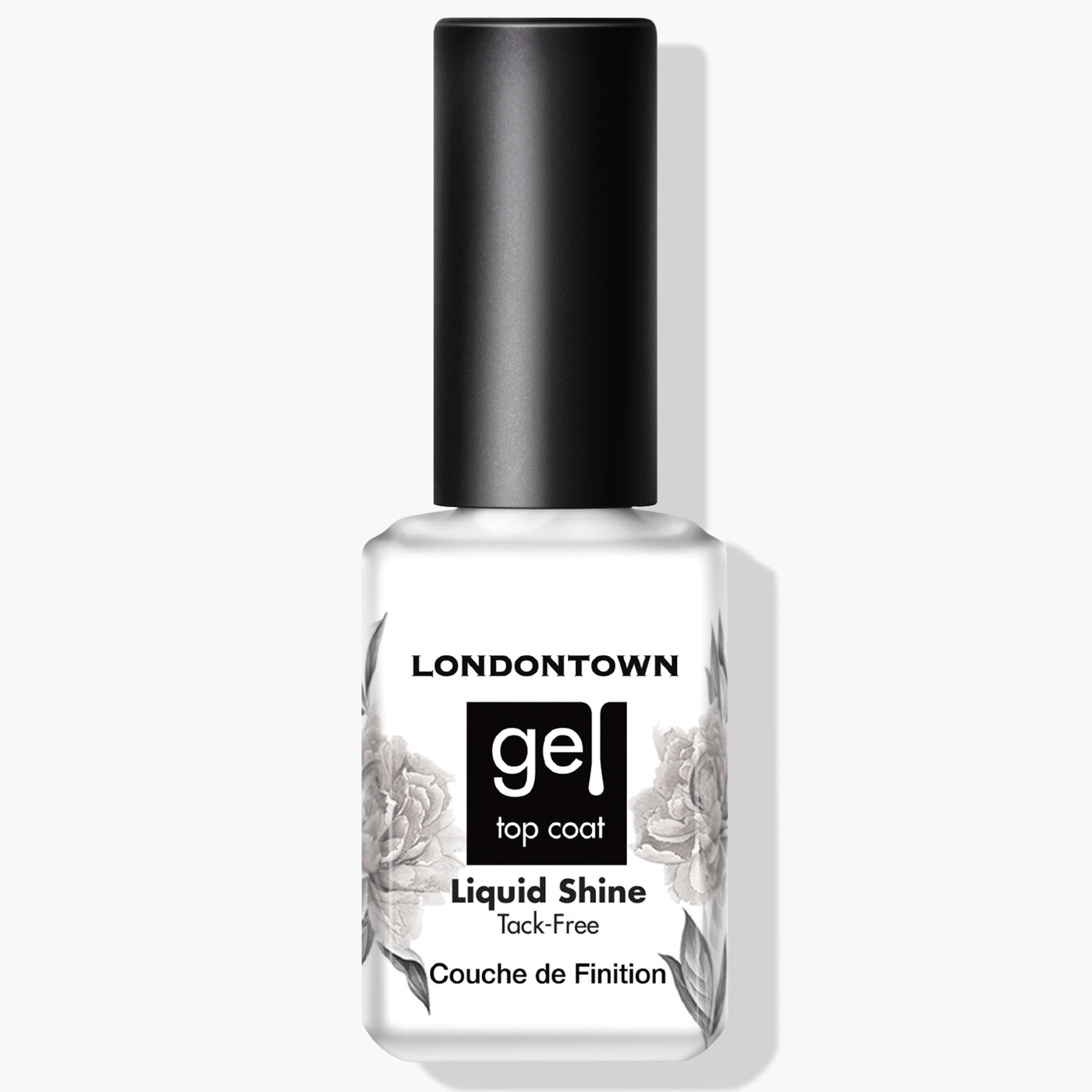 A white bottle of LONDONTOWN Liquid Shine Tack-Free Top Coat, featuring a black cap and adorned with a floral design on the label, promises a superior gloss shield.