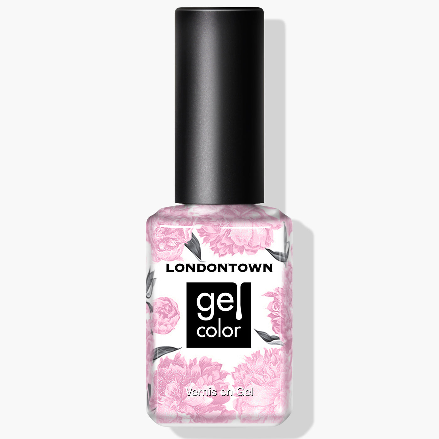 A bottle of LONDONTOWN Love Bug Gel Color nail polish with a black cap. The bottle features a floral design and text indicating it contains vegan gel color in a delightful pink crème shade for extended wear.