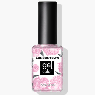 A bottle of LONDONTOWN Love Bug Gel Color nail polish with a black cap. The bottle features a floral design and text indicating it contains vegan gel color in a delightful pink crème shade for extended wear.
