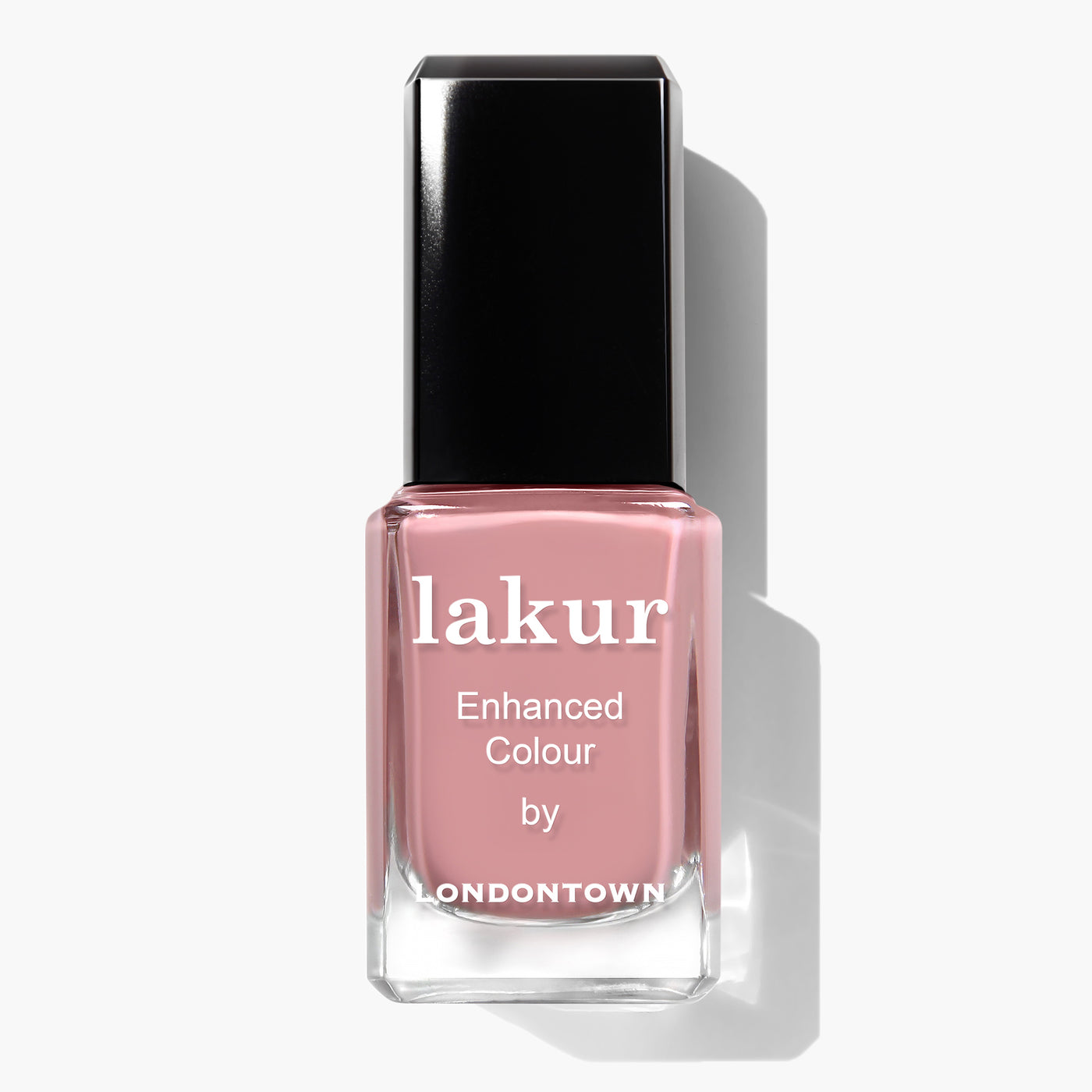A bottle of LONDONTOWN Lakur Enhanced Colour nail polish in the shade Mauve Over, a soft crème dusty rose hue that is vegan and cruelty-free, shown against a white background.