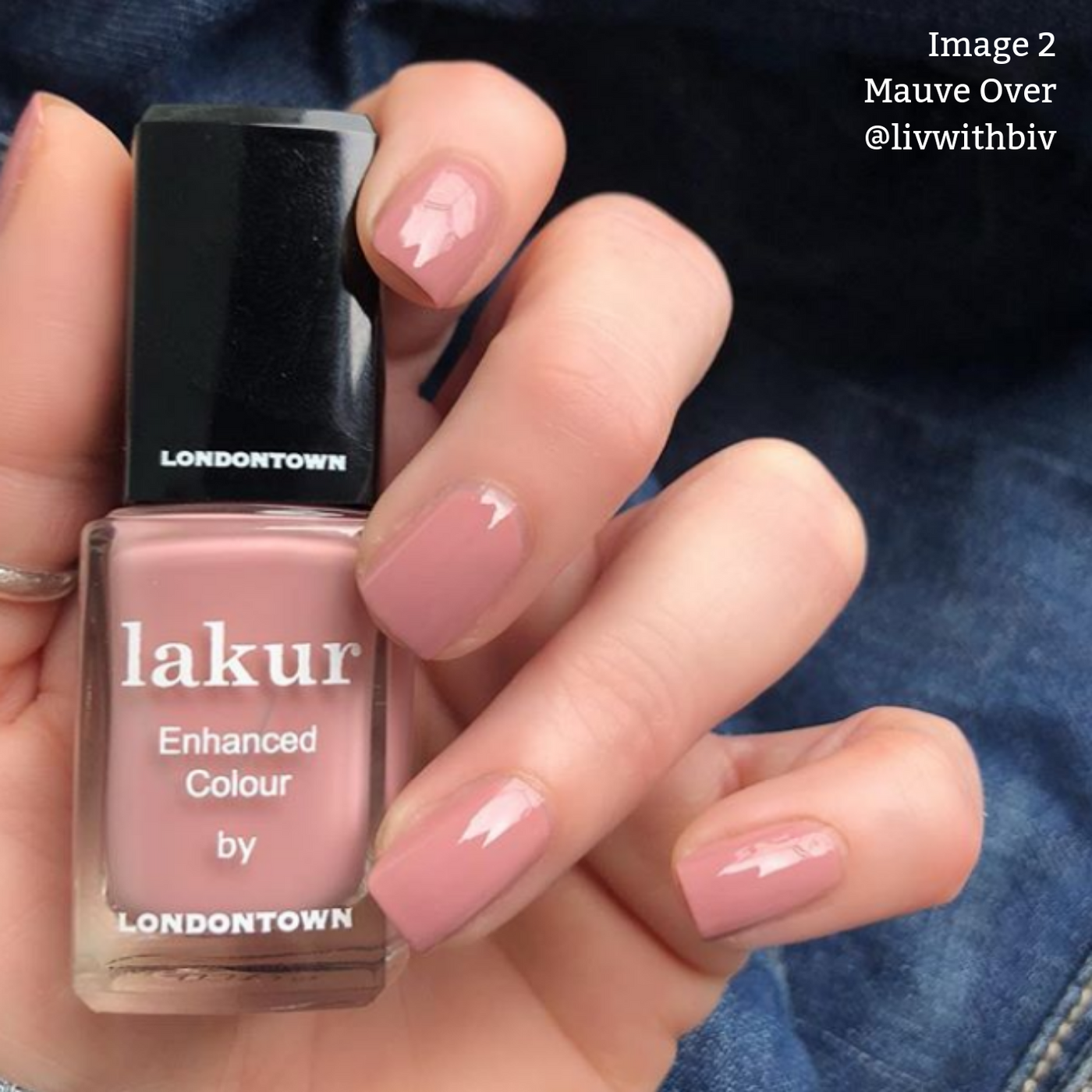 Hand holding a bottle of LONDONTOWN Mauve Over vegan, cruelty-free nail polish. Nails are painted in the same soft crème shade. Text in the image reads "Image 2 Mauve Over @livwithbiv".
