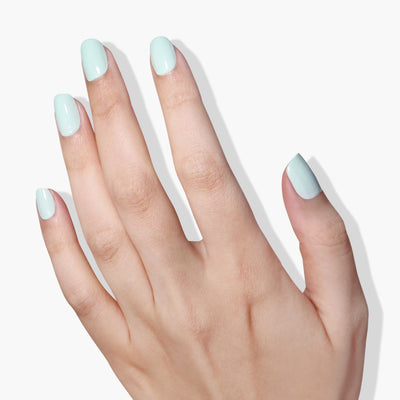 A hand with short, neatly trimmed nails painted in LONDONTOWN's Mint No Chip polish against a white background.