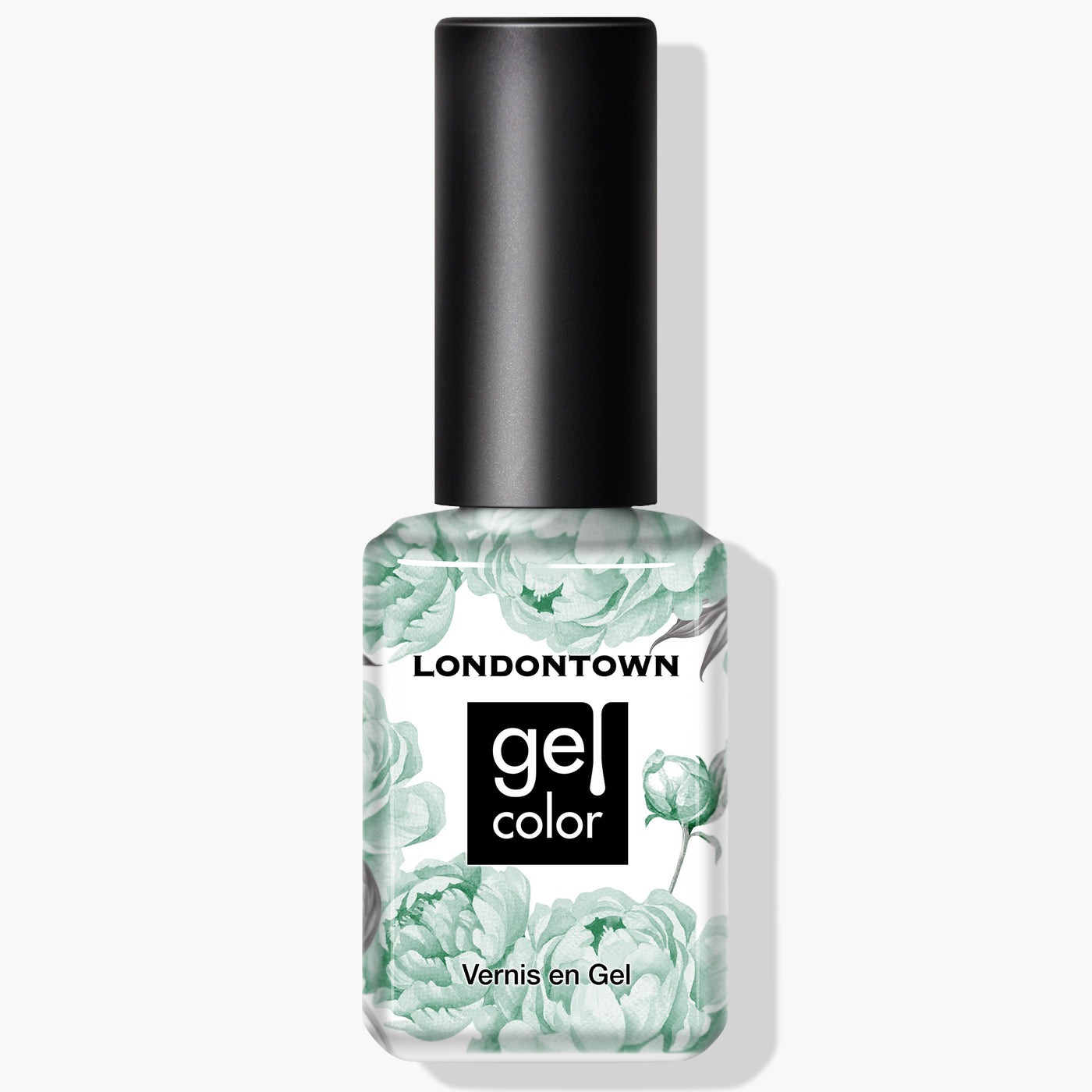 A bottle of LONDONTOWN Mint No Chip UV/LED Gel Color nail polish with a floral design on a white background in a delightful mint creme shade, and proudly vegan.