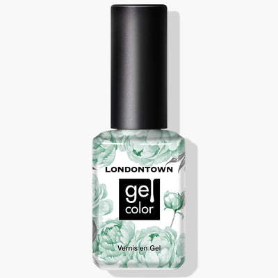 A bottle of LONDONTOWN Mint No Chip UV/LED Gel Color nail polish with a floral design on a white background in a delightful mint creme shade, and proudly vegan.