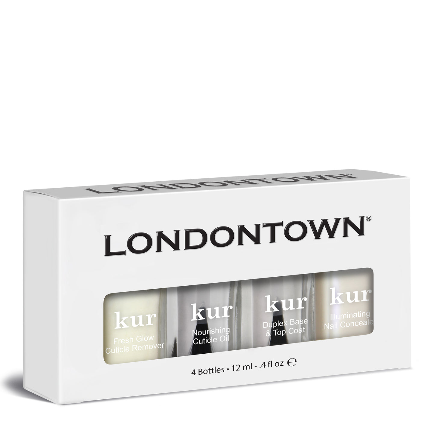 A box of LONDONTOWN's Nail Care + Concealer System, which includes 12 ml each of Fresh Glow Cuticle Remover, Nourishing Cuticle Oil, Duplex Base & Top Coat, and Illuminating Nail Concealer.